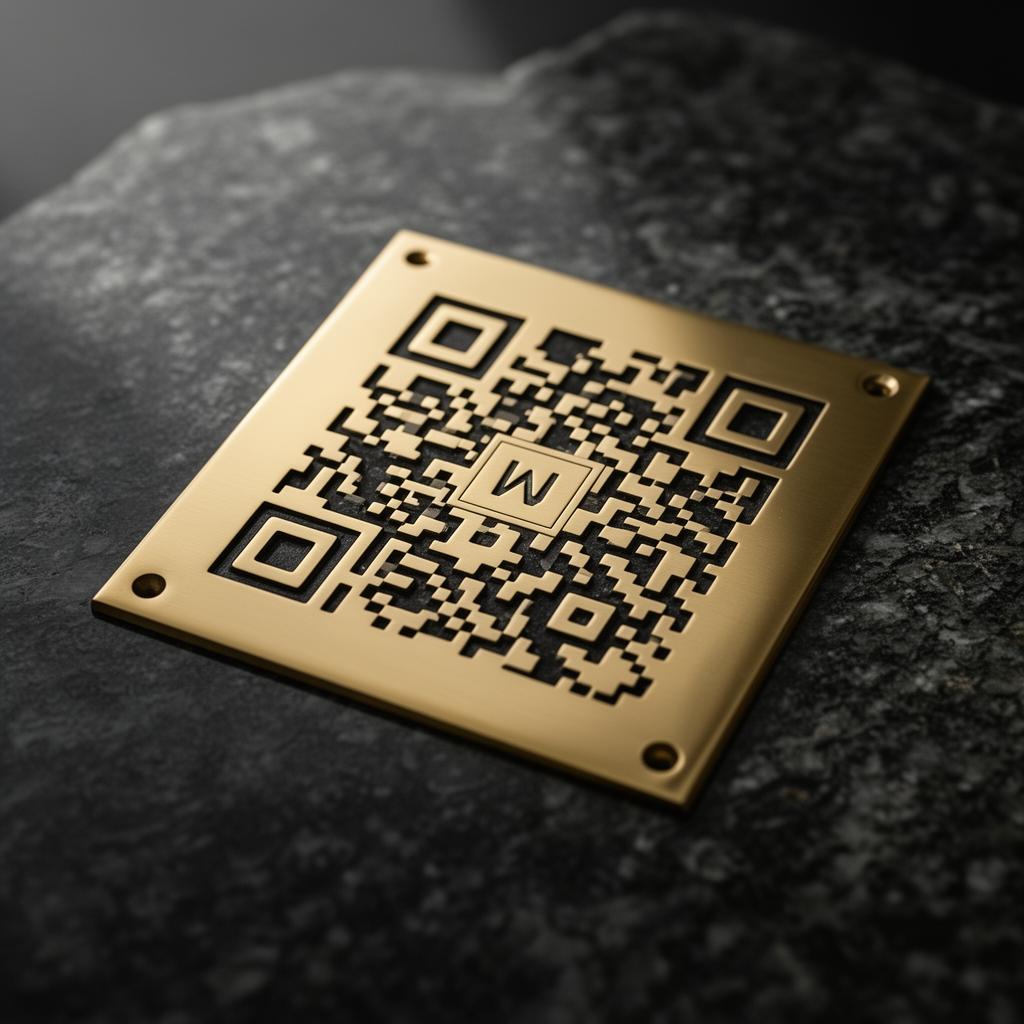 Brass QR code memorial plaque on dark granite